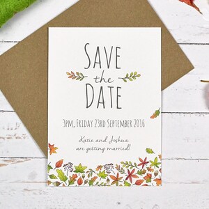 Personnalisé enregistrer les cartes d’invitation de mariage date. Annonce de mariage papeterie de mariage d’automne (carte A6, Min. commande x30)