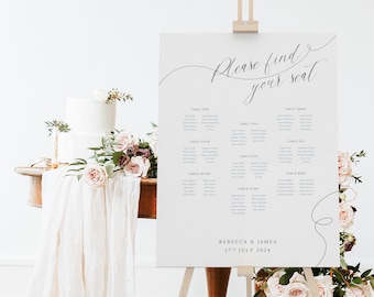 Tabla de asientos de boda moderna personalizada, plan de mesa de boda de estilo de caligrafía, plan de asientos de diseño monocromático (A1/A2)