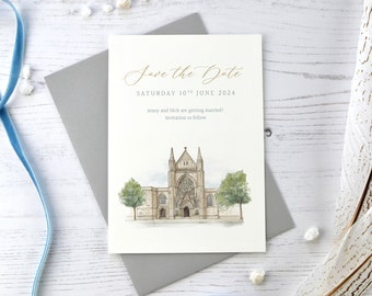 Personalised watercolour venue save the date card. Custom hand painted illustration, wedding announcement card. (A6 card, min. x30)