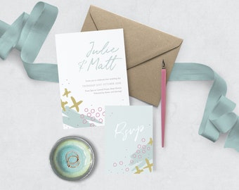 Simple personalised wedding invitation, modern abstract wedding invitation, gold and mint wedding (5x7")