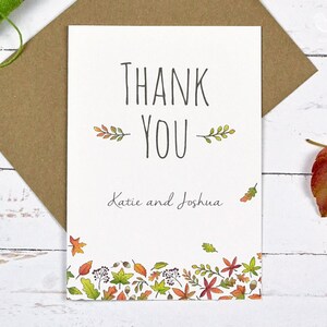 Personalised wedding stationery, wedding thank you cards. Autumn leaves design (A6, Min. order x20)