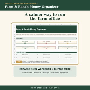 Puede incluir: Un paquete de contabilidad digital titulado Farm & Ranch Money Organizer, que incluye un libro de Excel editable y una guía de 16 páginas. La hoja de cálculo contiene secciones para ingresos totales, gastos, flujo de caja y ganado.