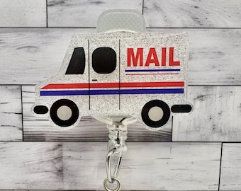 Glitter Mail Truck Badge Reel: Acrylic ID Holder