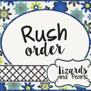 May include: A white oval sign with blue glitter trim and a floral pattern border. The sign says "Rush order" in black cursive text. Below the sign is a smaller white oval sign with blue glitter trim that says "Lizards and Pearls" in black cursive text.