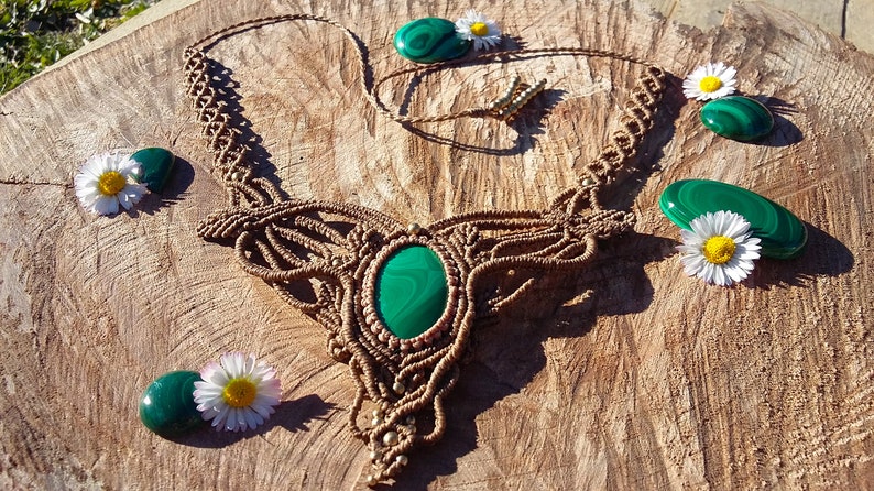 festival necklace necklace with healing malaquite boho macrame necklace brown choker with malachite Macram\u00e9 necklace with malaquite