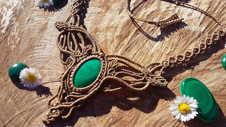 festival necklace necklace with healing malaquite boho macrame necklace brown choker with malachite Macram\u00e9 necklace with malaquite