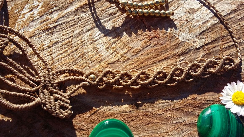 festival necklace necklace with healing malaquite boho macrame necklace brown choker with malachite Macram\u00e9 necklace with malaquite
