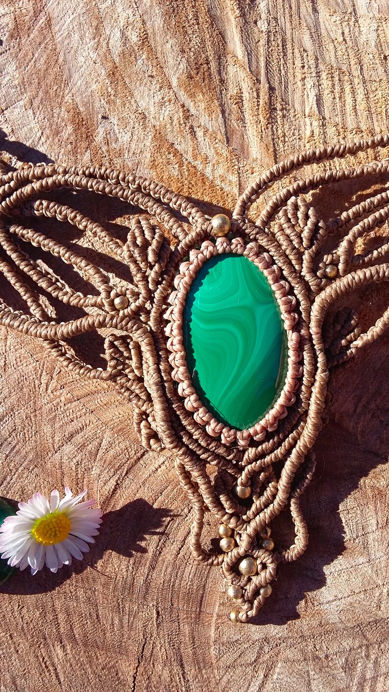 festival necklace necklace with healing malaquite boho macrame necklace brown choker with malachite Macram\u00e9 necklace with malaquite