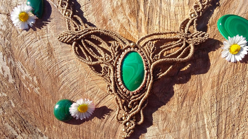 festival necklace necklace with healing malaquite boho macrame necklace brown choker with malachite Macram\u00e9 necklace with malaquite