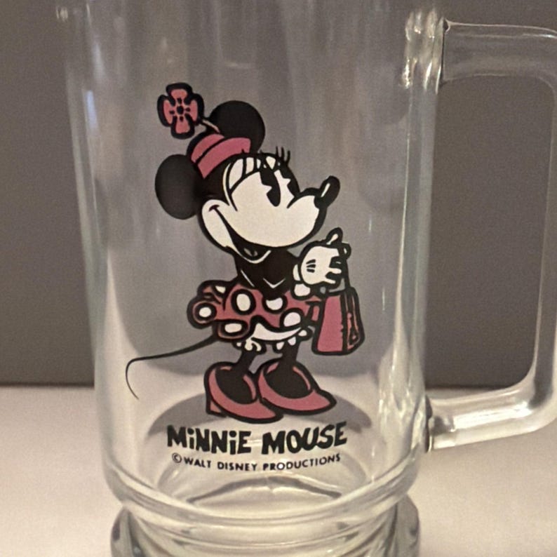 Vintage Walt Disney Productions Minnie Mouse 12 oz Glass Beer Soda Mug 5.5" afbeelding 2