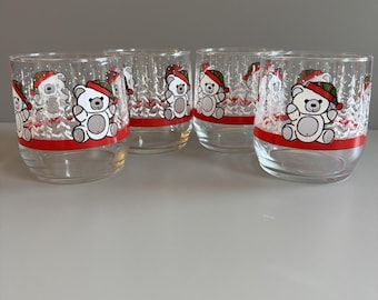 Set Of 4 Vtg Libbey Christmas Teddy Bear Holiday Rocks Drinking Juice Glasses