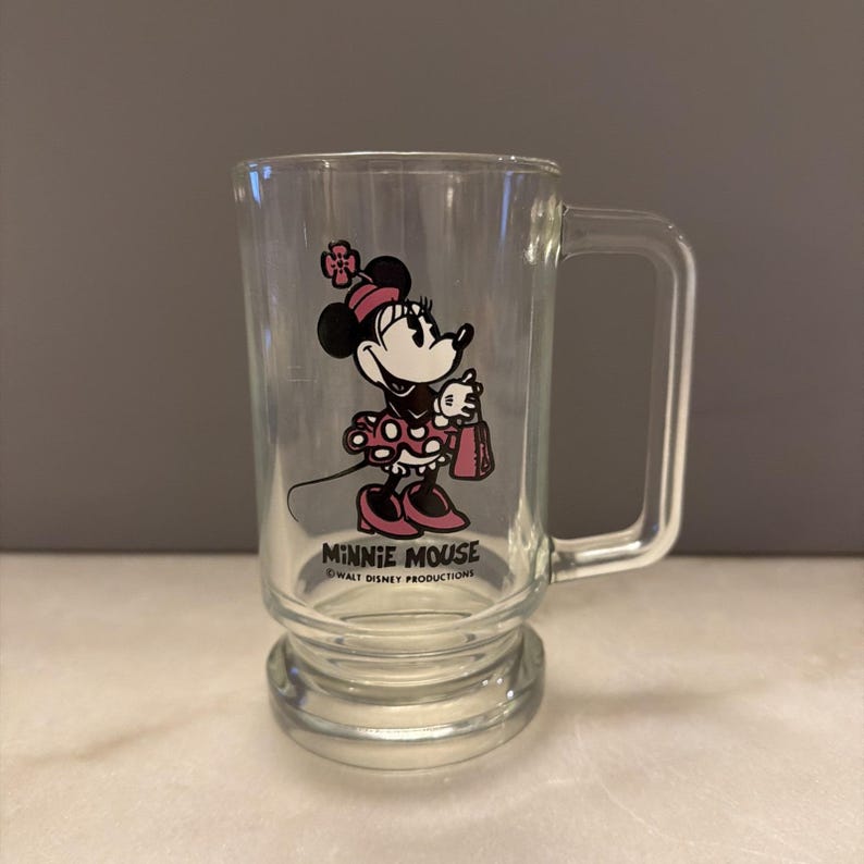 Vintage Walt Disney Productions Minnie Mouse 12 oz Glass Beer Soda Mug 5.5" afbeelding 1