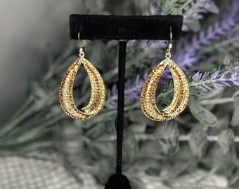Y2K Gold Tone with Brown/Champagne Rhinestone Dangle Earrings