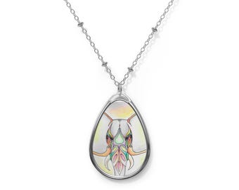 Ornate Elephant Oval Necklace | Teardrop Pendant, Boho Jewelry
