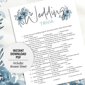 Wedding Trivia Quiz | Printable Wedding Trivia Quiz Game | Blue Flowers Wedding Trivia | Bridal Shower Game | Wedding Activity | Reception