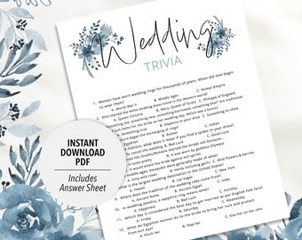 Blue Flowers Wedding Trivia Quiz Game | Bridal Shower, Reception Activity (Printable PDF Download)