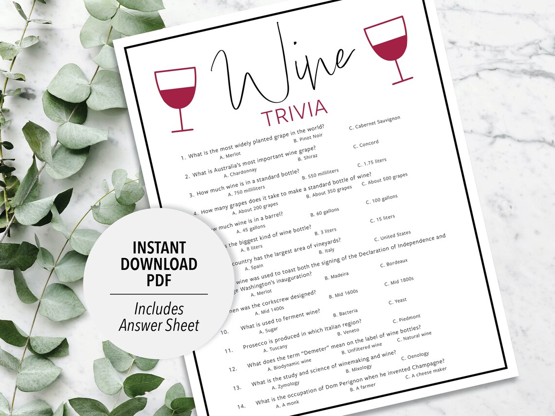 Wine Trivia Wine Trivia Game Printable Wine Trivia Wine Party Trivia ...