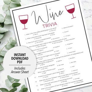 Wine Trivia | Wine Trivia Game | Printable Wine Trivia | Wine Party Trivia Game | Printable Trivia | Wine Themed trivia | Fun Trivia