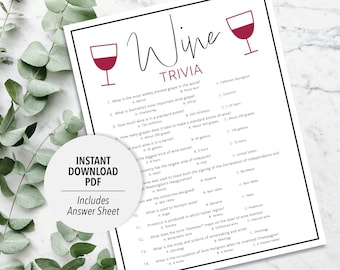 Wine Trivia | Wine Trivia Game | Printable Wine Trivia | Wine Party Trivia Game | Printable Trivia | Wine Themed trivia | Fun Trivia