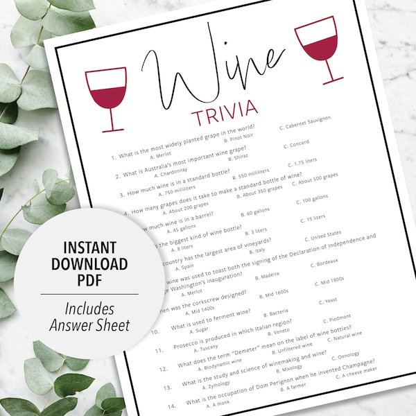 Wine Trivia | Wine Trivia Game | Printable Wine Trivia | Wine Party Trivia Game | Printable Trivia | Wine Themed trivia | Fun Trivia