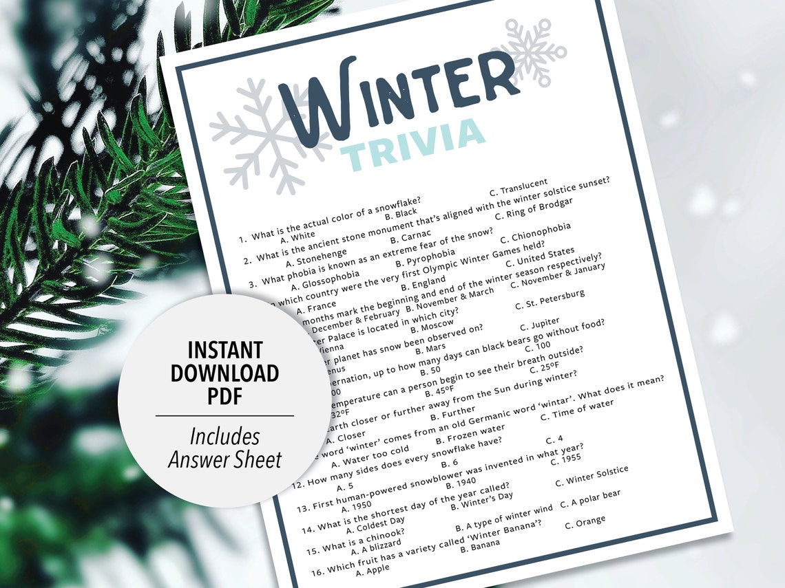 Winter Trivia Printable Winter Trivia Activity Game Holiday Trivia