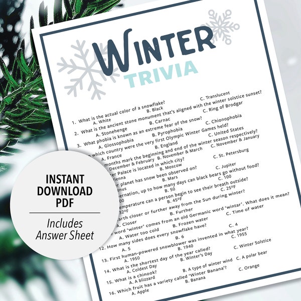 Winter Trivia | Printable Winter Trivia Activity Game | Holiday Trivia | Christmas Trivia | Trivia Game | Winter Themed Game