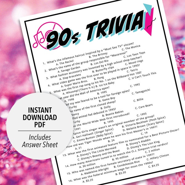 90s Trivia | 1990s Trivia Game | Printable 90s Trivia | 90's Party Trivia Game | Printable Trivia | Decades Trivia | 1990s Theme | Group