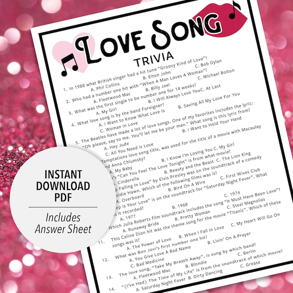 Love Song Trivia | Love Song Trivia Game | Printable Love Song Trivia | \Music Party Trivia Game | Printable Trivia | Music Themed Trivia