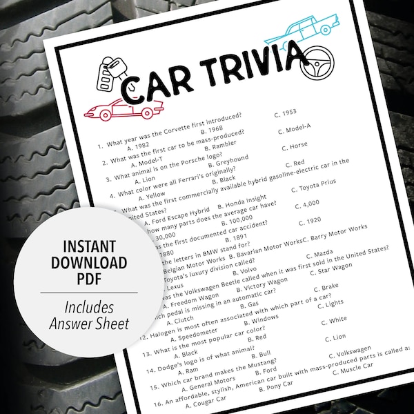 Car Trivia | Car Trivia Game | Printable Car Trivia | Auto Trivia | Printable Trivia | Vehicle Trivia | Car Themed Trivia | Motor Trivia