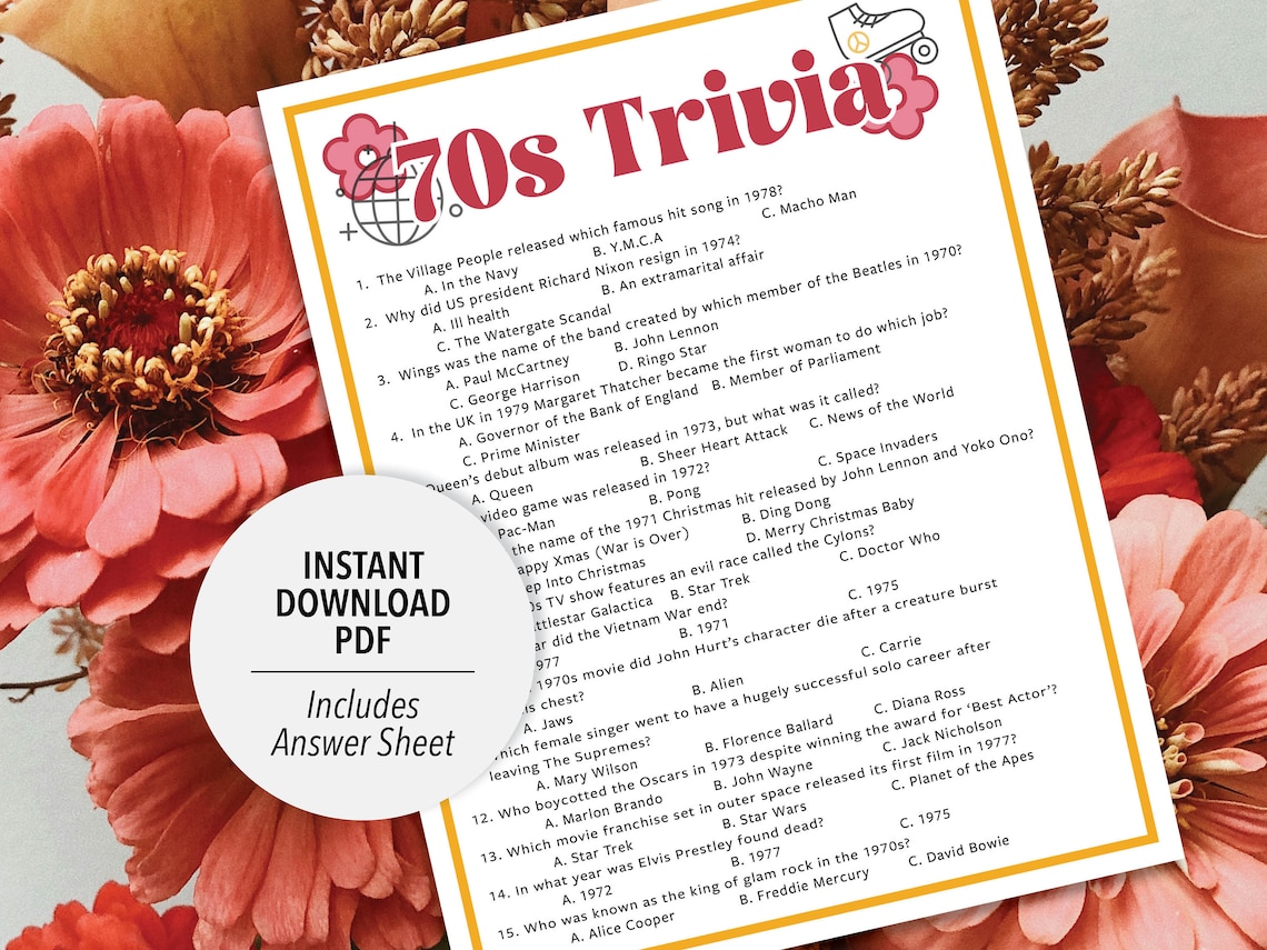 70s Trivia | 1970s Trivia Game | Printable 70s Trivia | 70's Party ...
