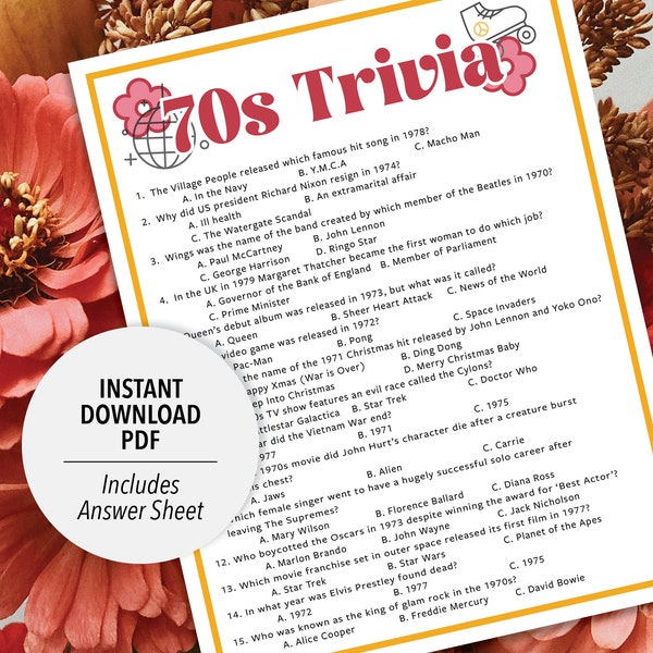 70s Trivia | 1970s Trivia Game | Printable 70s Trivia | 70's Party Trivia Game | Printable Trivia | Decades Trivia | 1970s Theme | Party