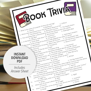 Book Trivia | Book Trivia Game | Printable Book Trivia | Literature Trivia Game | Printable Trivia | Book Themed Trivia | Adult/Teen Trivia