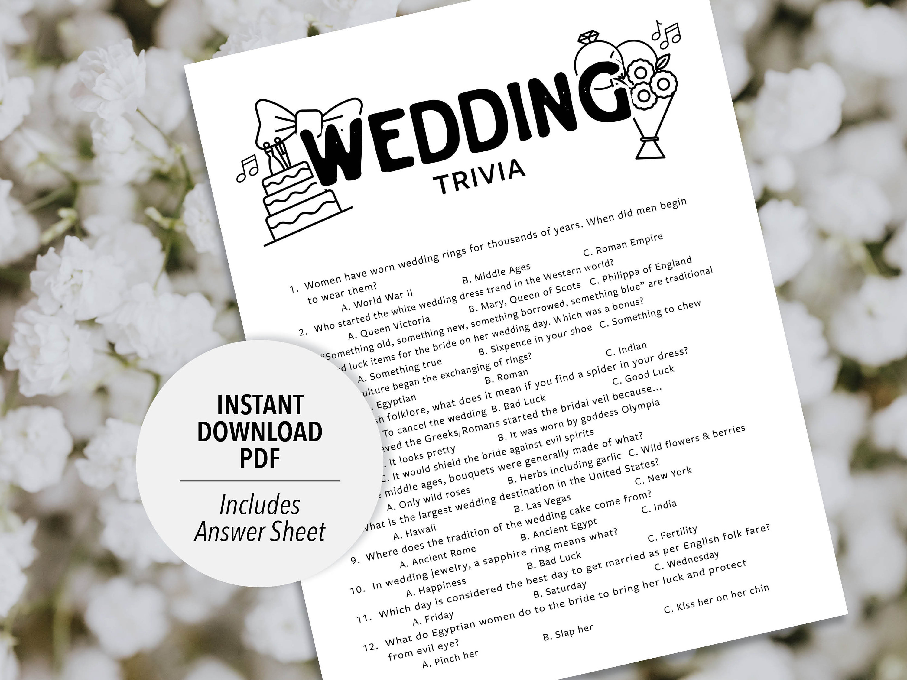 Wedding Trivia Quiz Game Printable Wedding Trivia Bridal Shower Game ...
