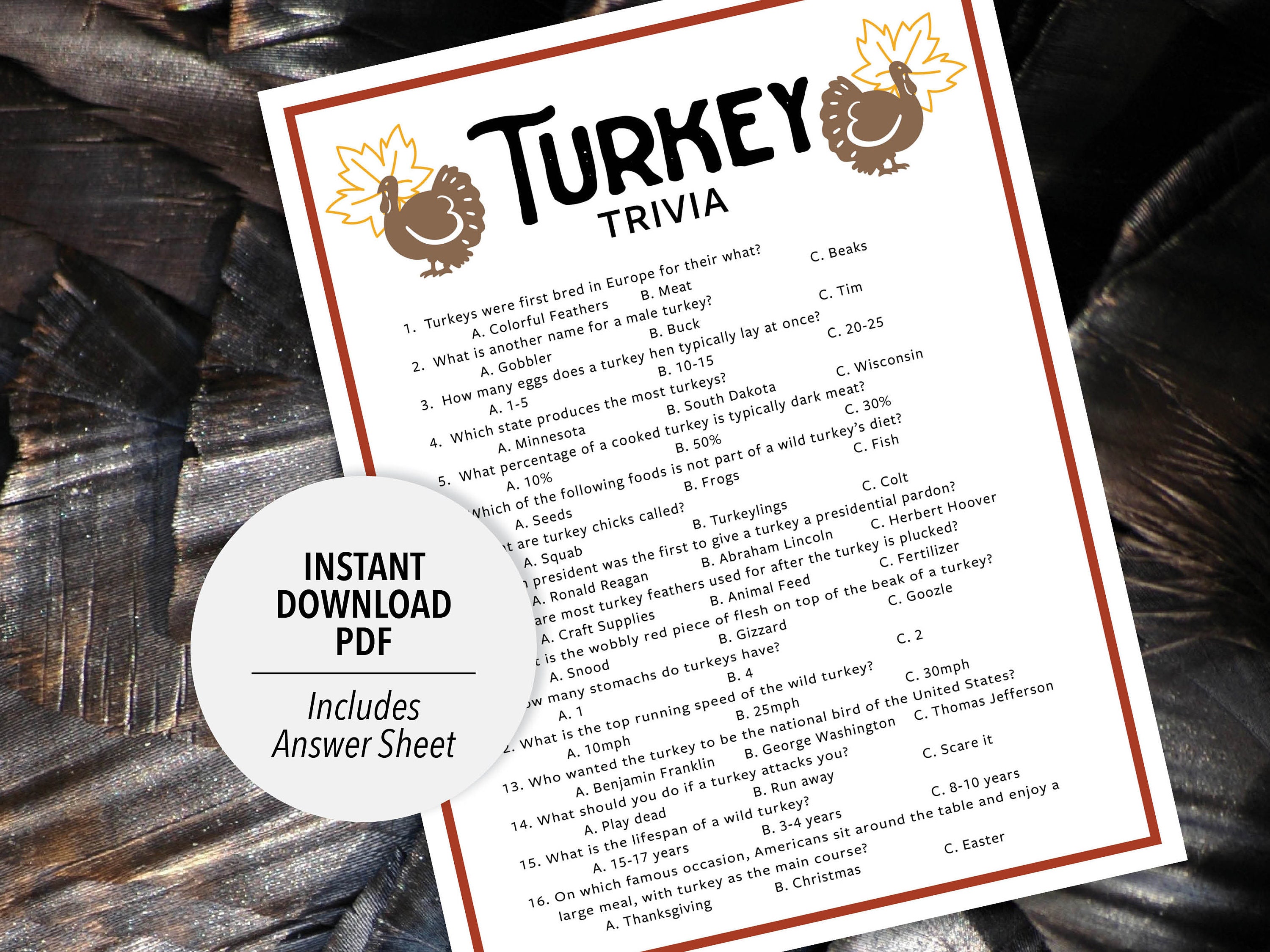 Turkey Trivia Turkey Trivia Game Printable Turkey Trivia Printable