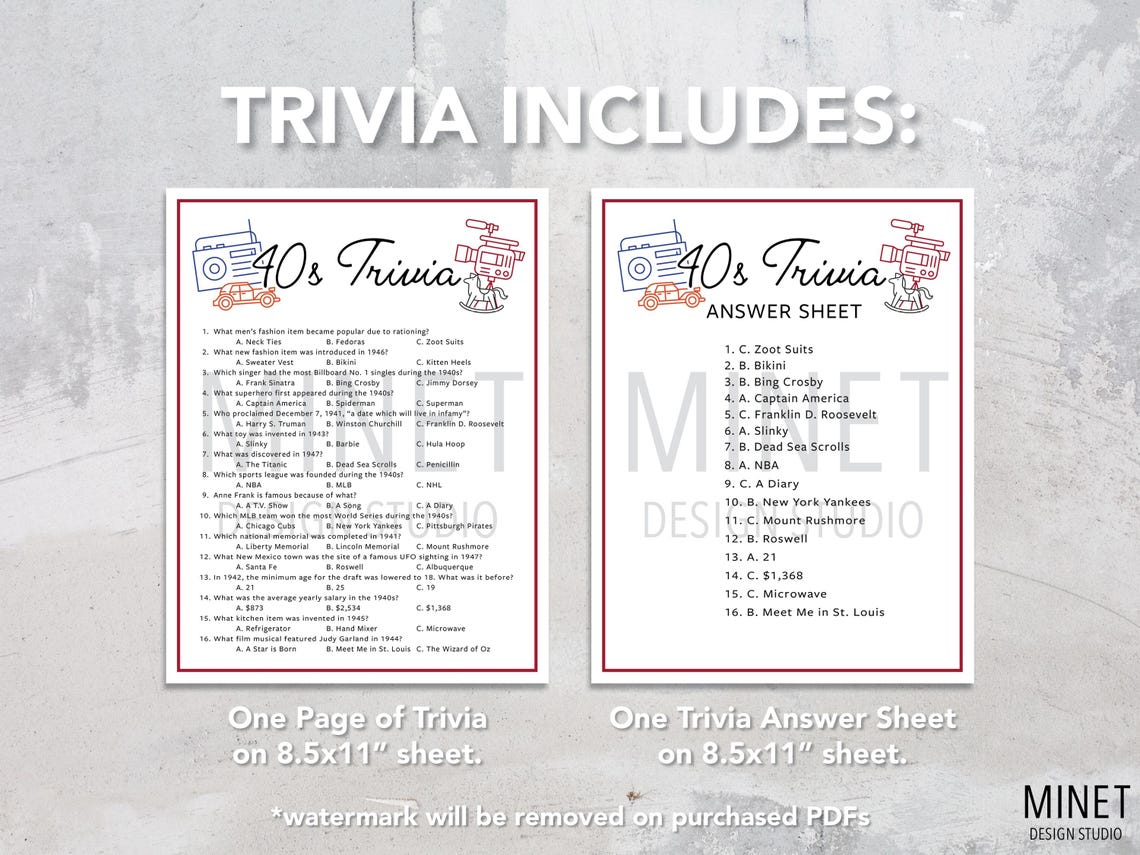 40s Trivia | 1940s Trivia Game | Printable 40s Trivia | 40's Party ...