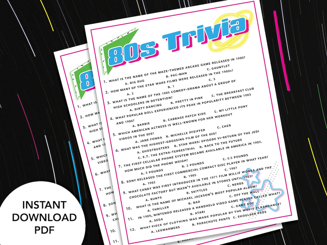80s Trivia Printable 80s Trivia 80's Party Trivia Game - Etsy