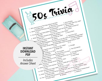 50s Trivia | 1950s Trivia Game | Printable 50s Trivia | 50's Party Trivia Game | Printable Trivia | Decades Trivia | 50s Theme Trivia