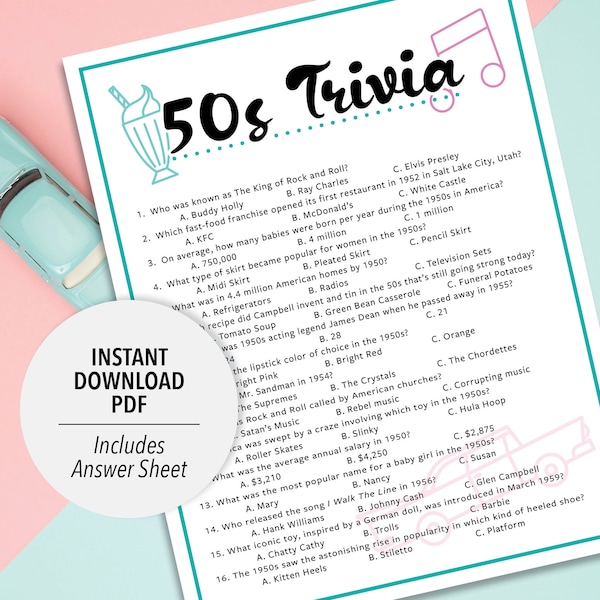 50s Trivia | 1950s Trivia Game | Printable 50s Trivia | 50's Party Trivia Game | Printable Trivia | Decades Trivia | 50s Theme Trivia