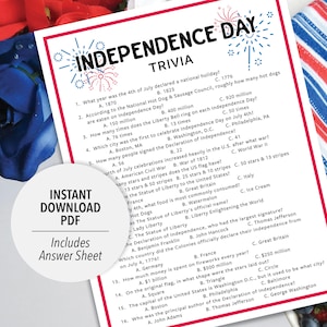 May include: Independence Day trivia printable with red, white, and blue stars and stripes design. The printable includes questions about the history of Independence Day, the Statue of Liberty, and the Declaration of Independence.