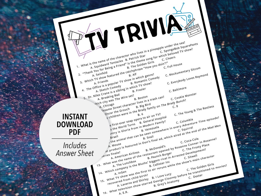 TV Trivia TV Trivia Game Printable Television Trivia Television Party Trivia Game Printable