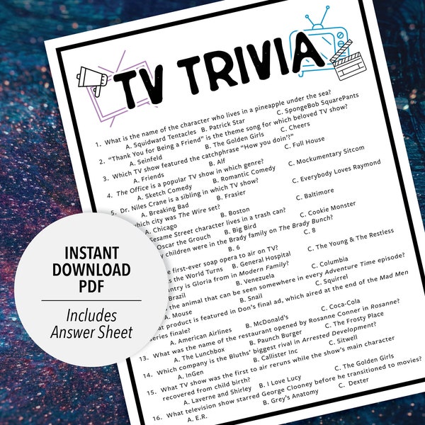 TV Trivia | TV Trivia Game | Printable Television Trivia | Television Party Trivia Game | Printable Trivia | TV Show Themed Trivia