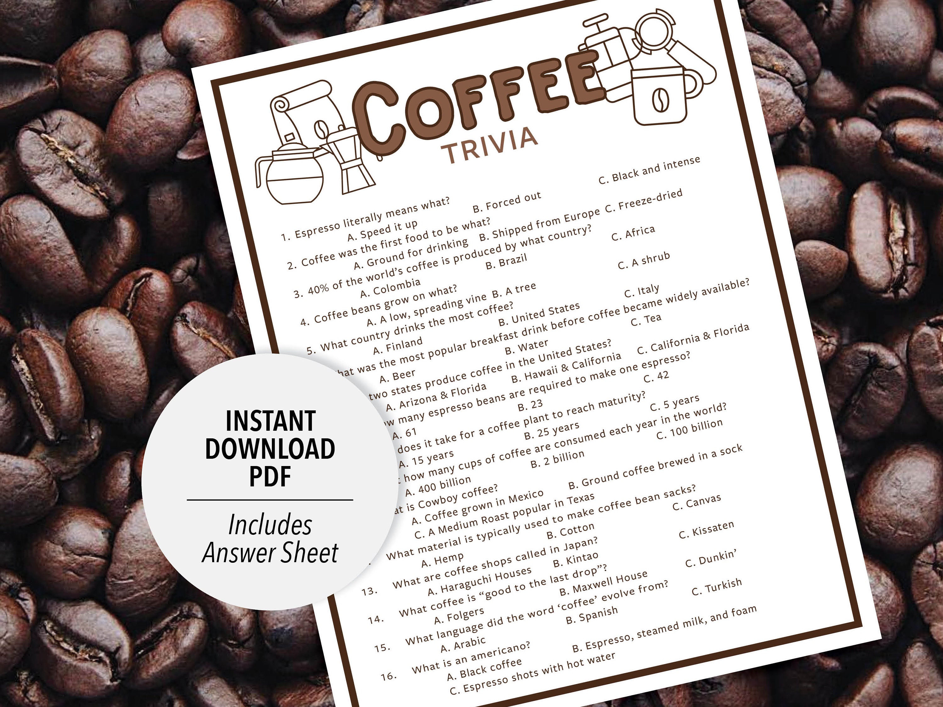 Coffee Trivia Coffee Trivia Game Printable Coffee Trivia Printable