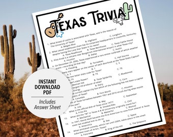 Texas Trivia | Texas Trivia Game | Printable Texas Trivia | Texas Party Trivia Game | Printable United States Trivia | USA States Trivia