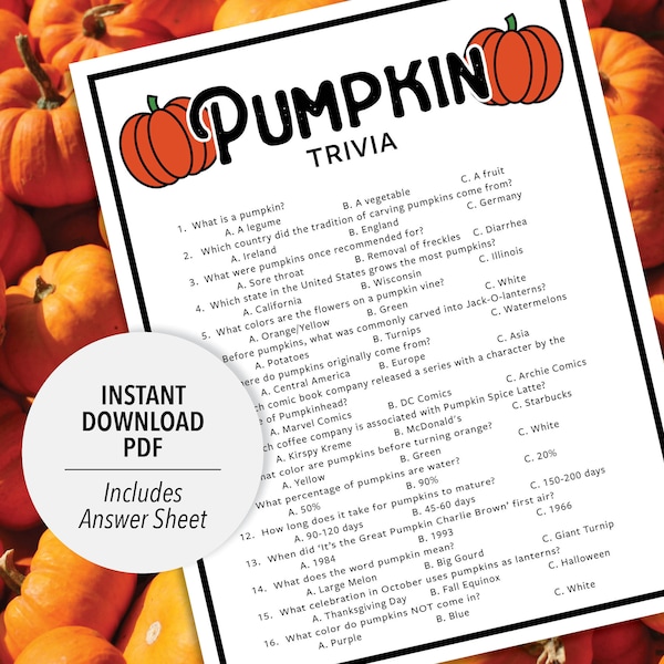 Pumpkin Trivia | Pumpkin Trivia Game | Printable Pumpkin Trivia | Fall Trivia Game | Printable Trivia | October Trivia | Thanksgiving Trivia