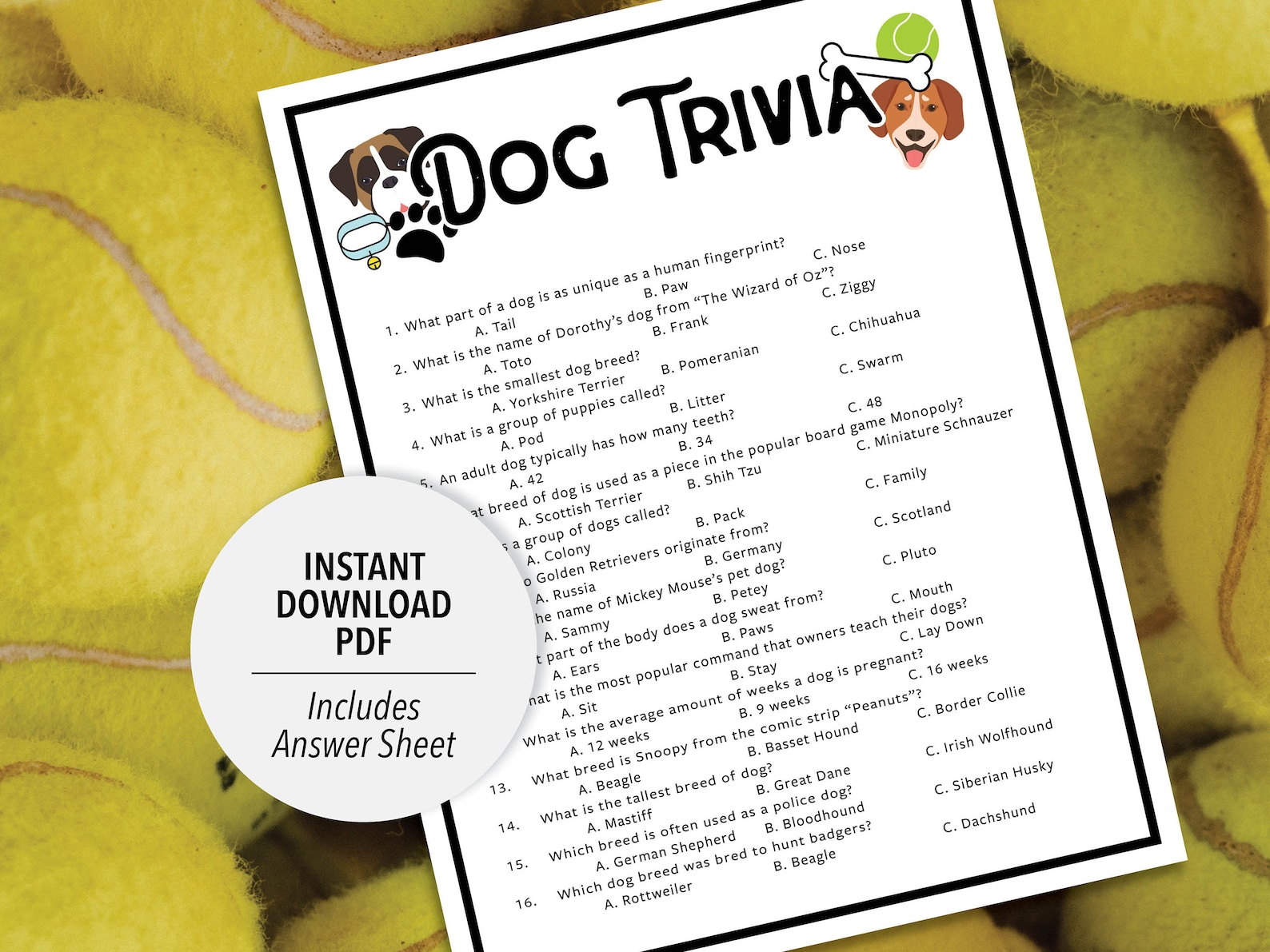 Dog Trivia Dog Trivia Game Printable Dog Trivia Pets Trivia Game