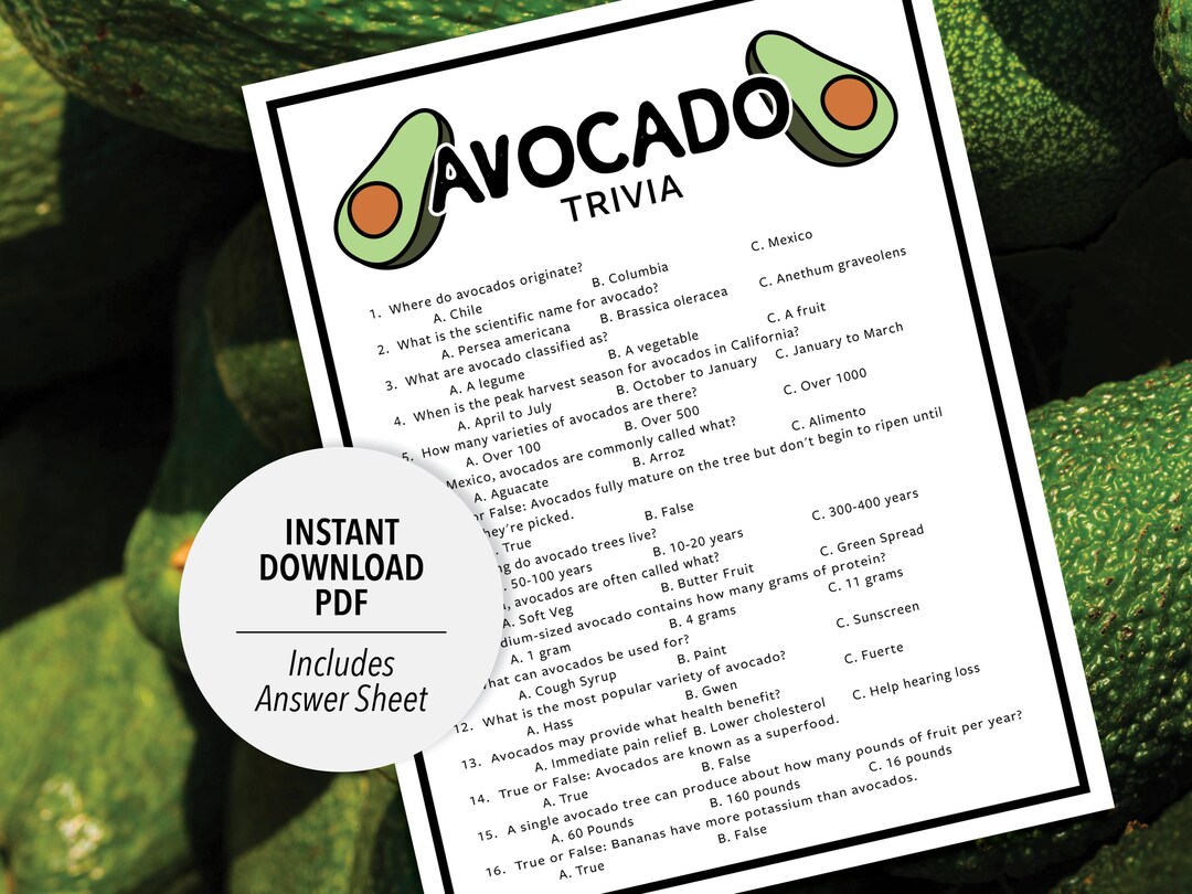 Avocado Trivia Game | Vegetable Quiz (printable PDF Download) - Etsy