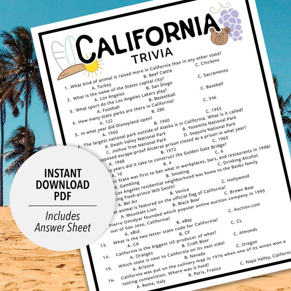 California Trivia | California Trivia Game | Printable California Trivia | State Trivia Game | Printable Trivia | USA State Trivia | Country