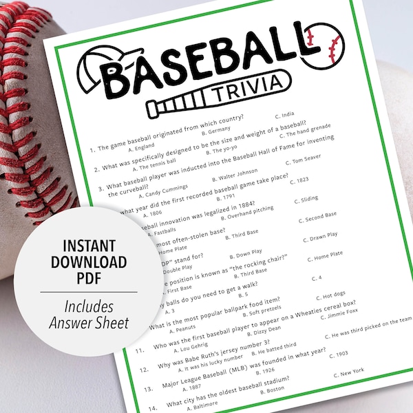 Baseball Trivia | Printable Baseball Trivia Game | Baseball Trivia Game | Sports Trivia | Party Trivia | Group Trivia | Sports Theme