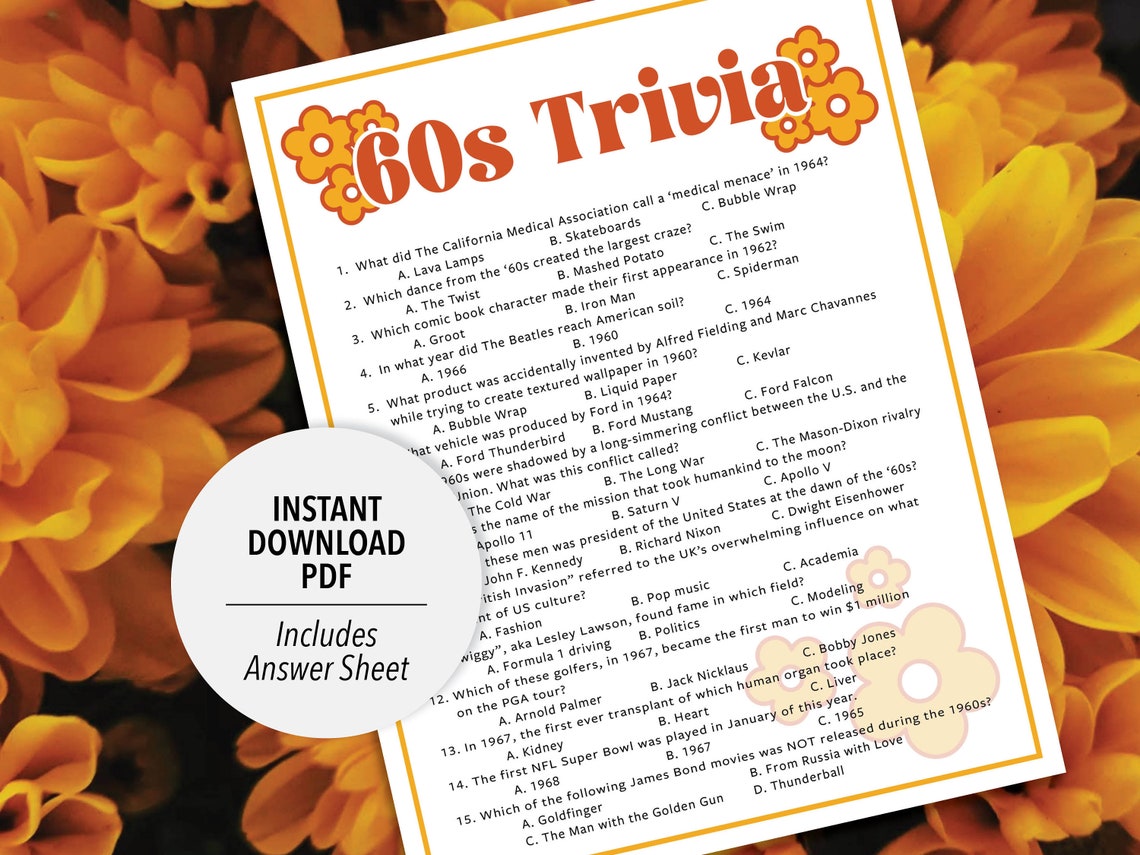 60s Trivia 1960s Trivia Game Printable 60s Trivia 60's Party