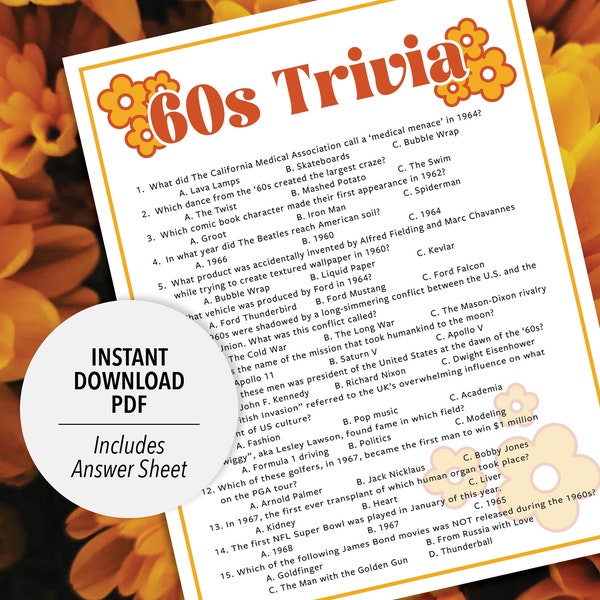 60s Trivia | 1960s Trivia Game | Printable 60s Trivia | 60's Party Trivia Game | Printable Trivia | Decades Trivia | 1960s Theme | Party